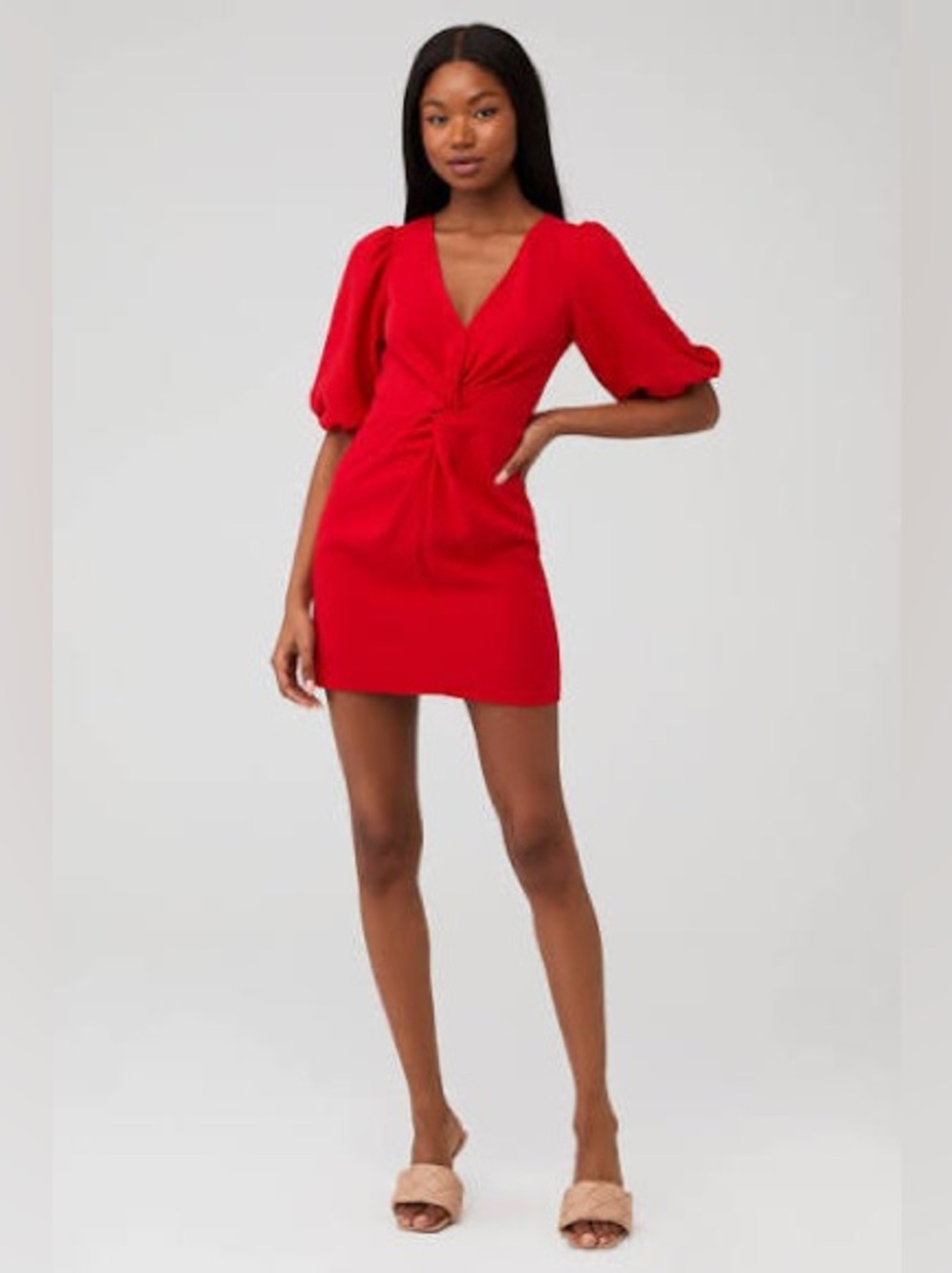 Amanda Uprichard Susannah Red Twist Front Puff Sleeve Mini Dress S